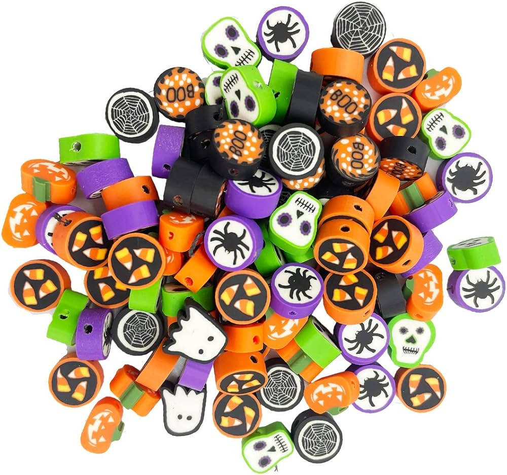 100 Pcs Halloween Handmade Polymer Clay Beads, 10mm Ghost Pumpkin Spider Polymer Clay Spacer Bead... | Amazon (US)