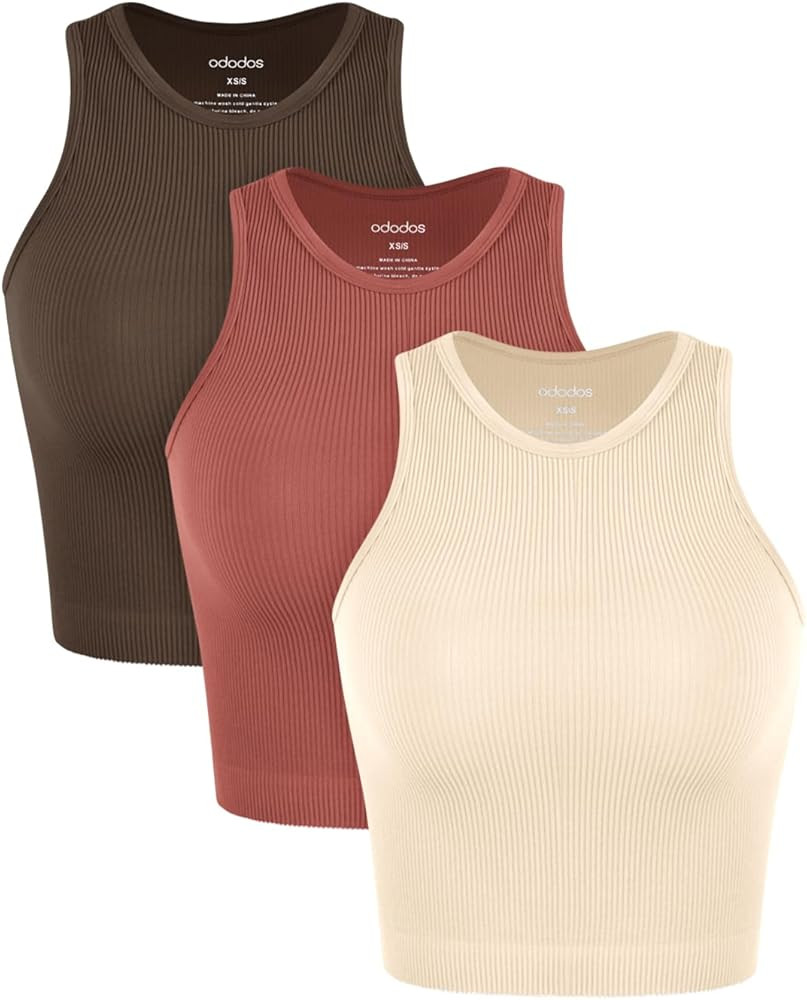 ODODOS 3-Pack Seamless Crop Tank for Women Ribbed Soft High Neck Cropped Tops | Amazon (US)