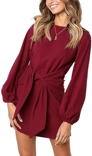 PRETTYGARDEN Womens Fall Elegant Long Lantern Sleeve Short Dress Wedding Guest Crewneck Tie Waist... | Amazon (US)