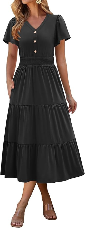 ANRABESS Womens Summer Casual Short Sleeve V Neck Midi Dresses Button Down A Line Flowy Tiered 20... | Amazon (US)