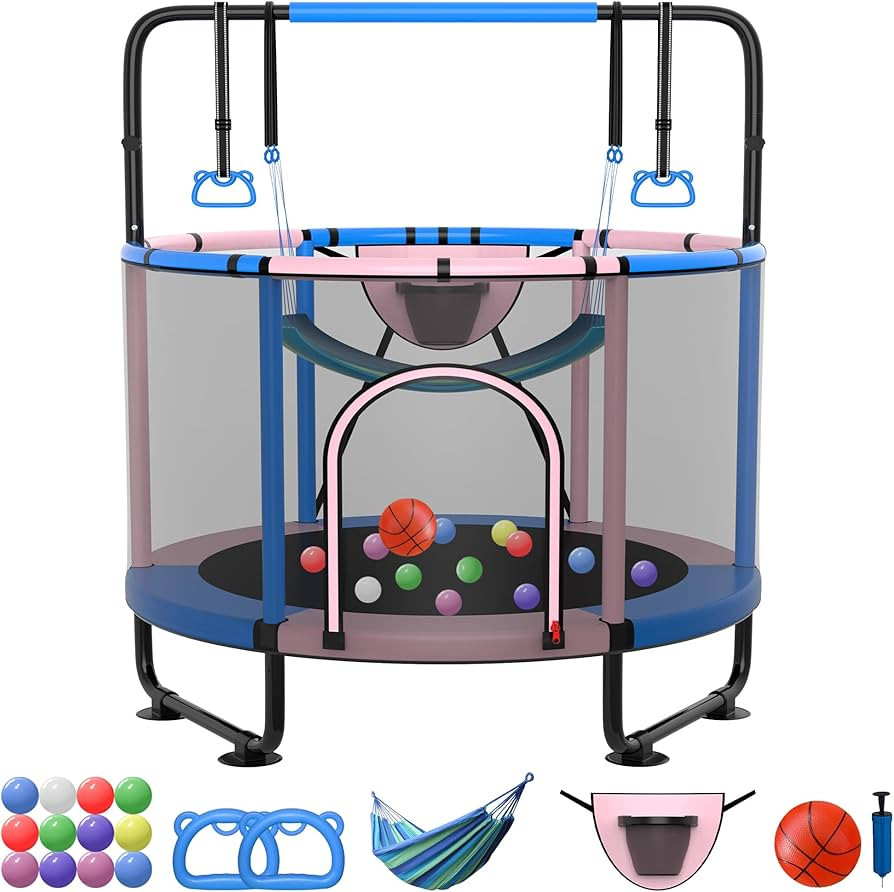 60'' Mini Trampoline for Kids Ages 1-8, 5FT 400LBS No-Gap Toddler Trampoline with Net, Swing, Adjustable Gymnastics Bars, Basketball Hoop, Indoor/Outdoor Trampoline, Boys & Girls Gifts Toys | Amazon (US)