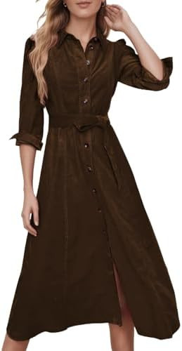 YEXPINE Women's Corduroy Maxi Dress Long Sleeve Cord Button Down Fall Shirt Long Dress with Belt | Amazon (US)