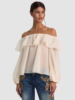 ALTA OFF THE SHOULDER RUFFLE BLOUSE - CHINO | Alice + Olivia