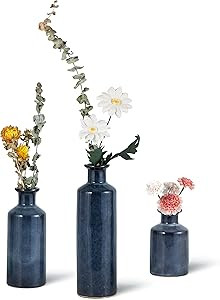 Set of 3 Blue Glazed Ceramic Vase Set, Handmade Decorative Vases, Dried Floral Arrangements, Flow... | Amazon (US)