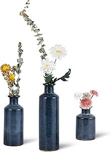 Set of 3 Blue Glazed Ceramic Vase Set, Handmade Decorative Vases, Dried Floral Arrangements, Flow... | Amazon (US)