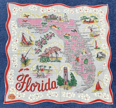 Florida State Sherry Hanky Hand Printed Vintage 1950's Sites Pre Disney | eBay US