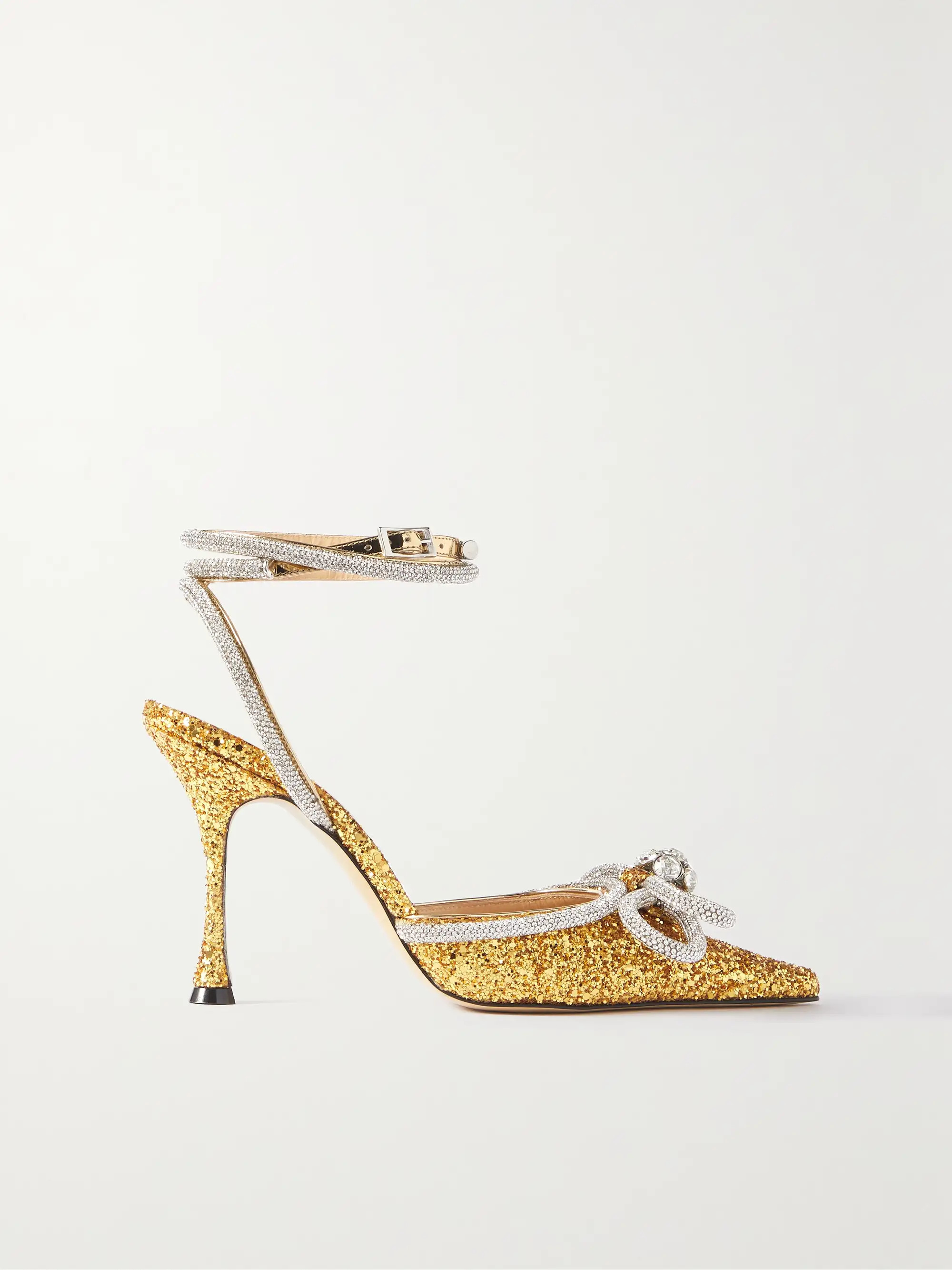 Double Bow crystal-embellished glittered leather pumps | NET-A-PORTER (US)