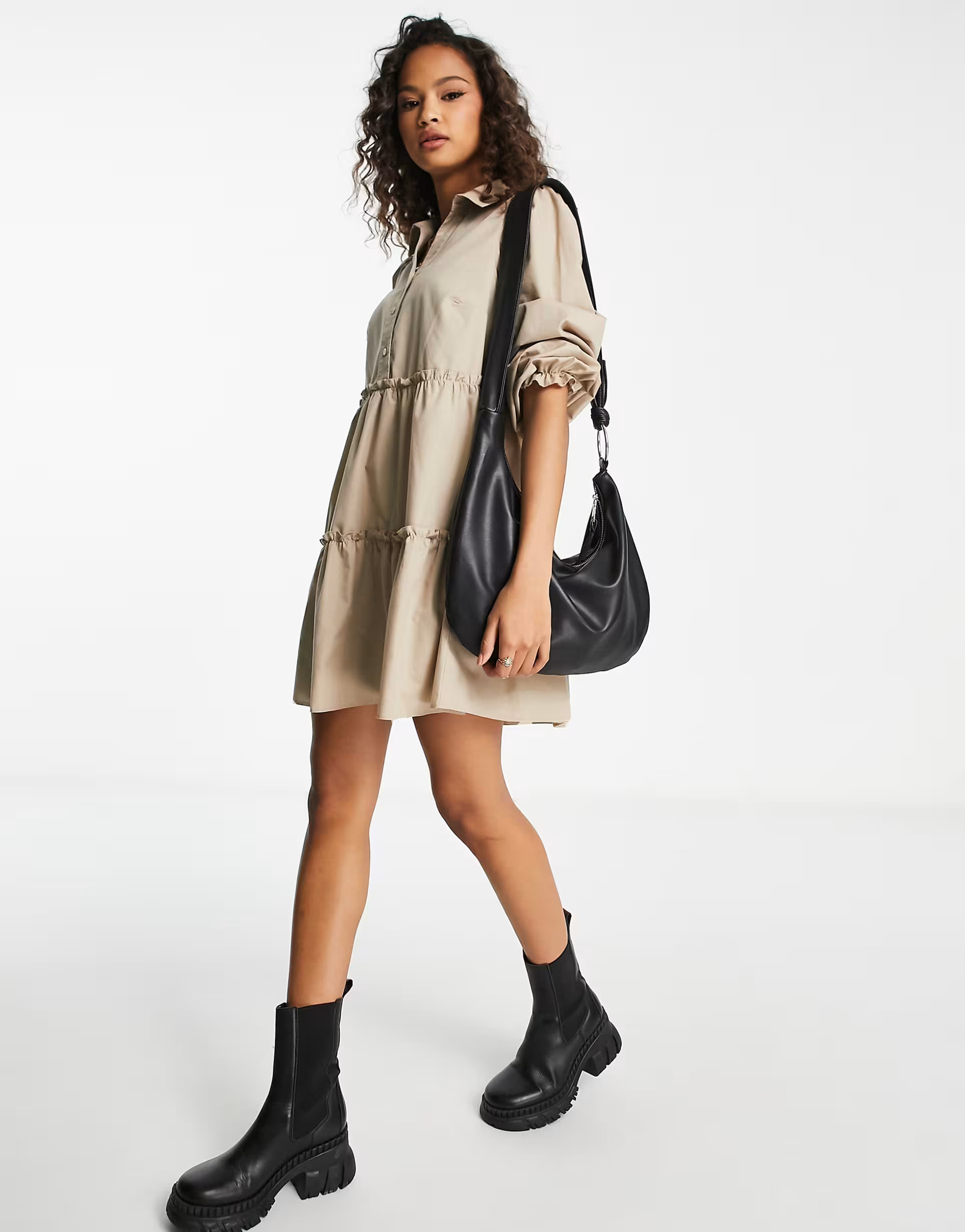 Miss Selfridge poplin smock shirt dress in fawn | ASOS (Global)