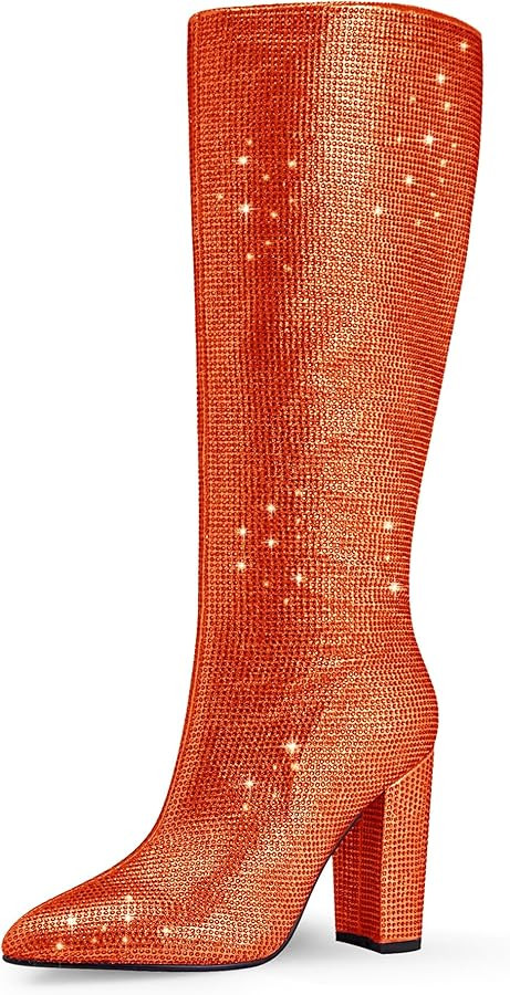 Pointed Toe Sparkly Rhinestone Knee High Wide Boots for Women Pull On Block Heels Boots Party Fas... | Amazon (US)