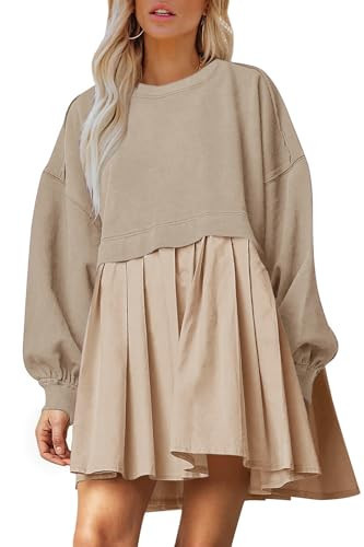 Dokuritu Sweatshirt Dress Women Crew Neck Long Sleeve Patchwork Pullover Tops Flowy Oversized Sweatshirt Mini Dress Khaki | Amazon (US)