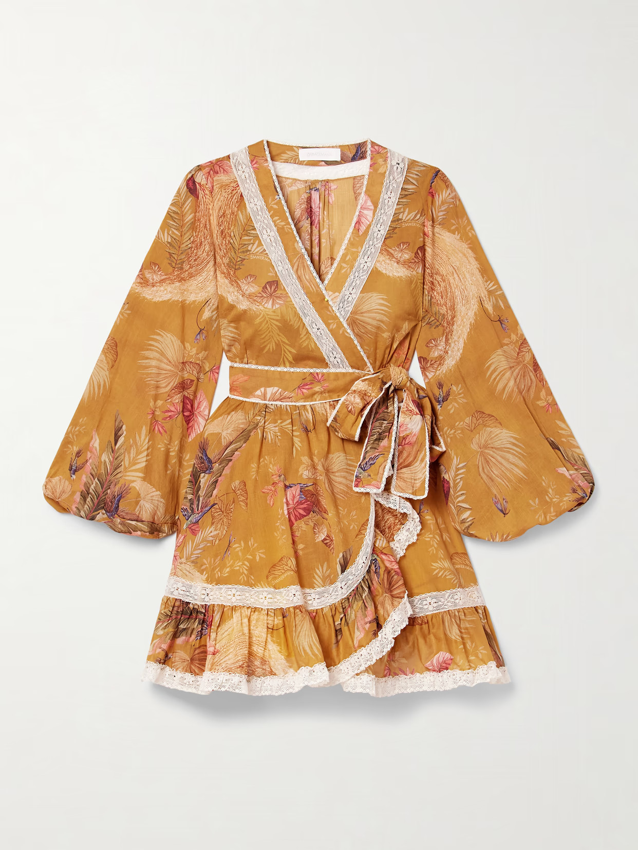Zimmermann - Ascension Lace-trimmed Tiered Printed Cotton-voile Mini Wrap Dress - Yellow | NET-A-PORTER (US)