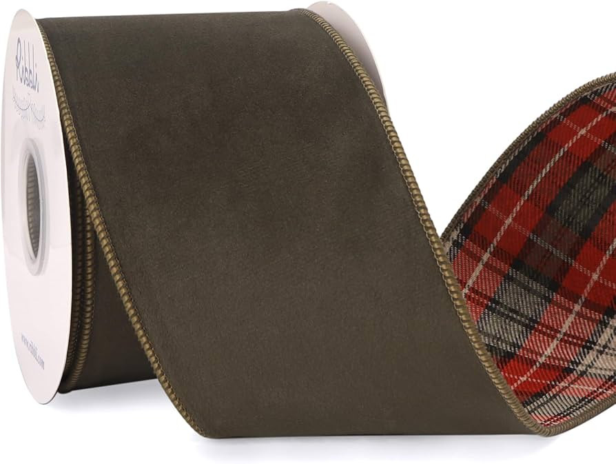 Ribbli Moss Green Velvet Wired Ribbon with Plaid Reversible 4 Inch Christmas Ribbon for Gift Wrap... | Amazon (US)