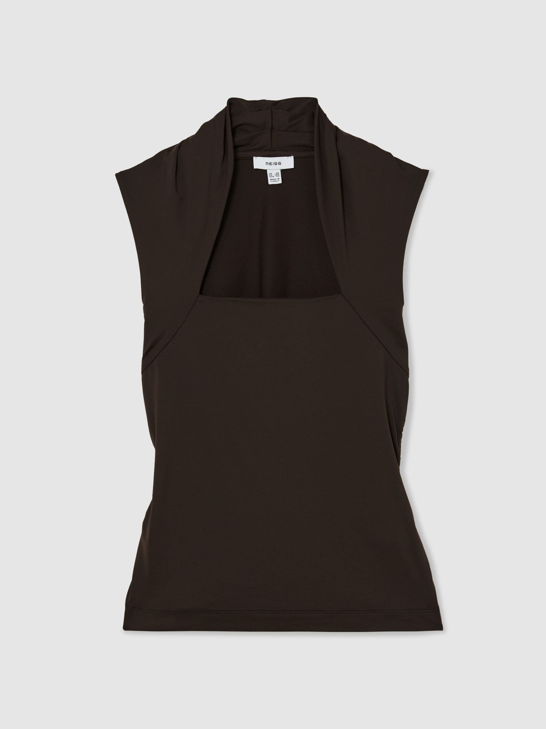 Square-Neck Ruched Sleeveless Top in Chocolate Brown | Reiss US