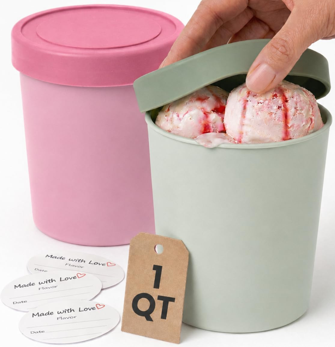 StarPack Freeze The Day Homemade Ice Cream Containers (2-Pack, 1 Quart) - Airtight Silicone Lids, BPA-Free Reusable Polypropylene Freezer Containers with Dry Erase Pen and Labels, Sage Green and Pink | Amazon (US)