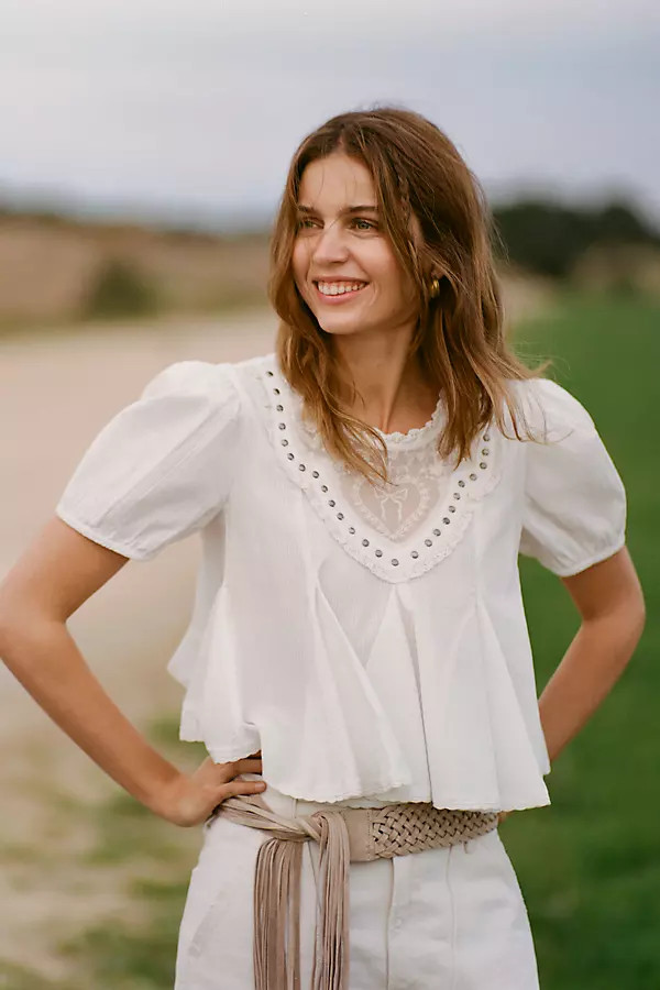 Maeve Puff-Sleeve Studded Placket Blouse | Anthropologie (US)