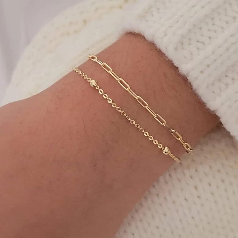 JECOMY Gold Bracelets for Women Dainty 14k Gold Plated Cross Bracelet Beaded Bracelets Box Chain ... | Amazon (US)