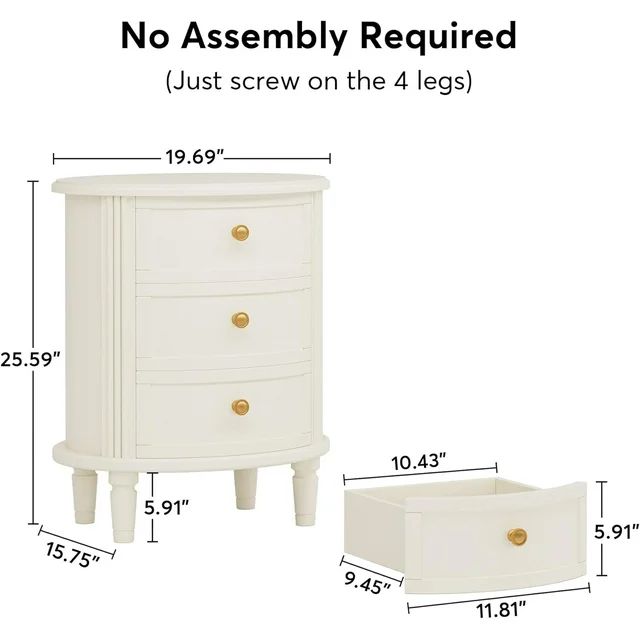 Tribesigns Oval Nightstand with 3 Drawers, Solid Wood Side End Table, Off-White | Walmart (US)