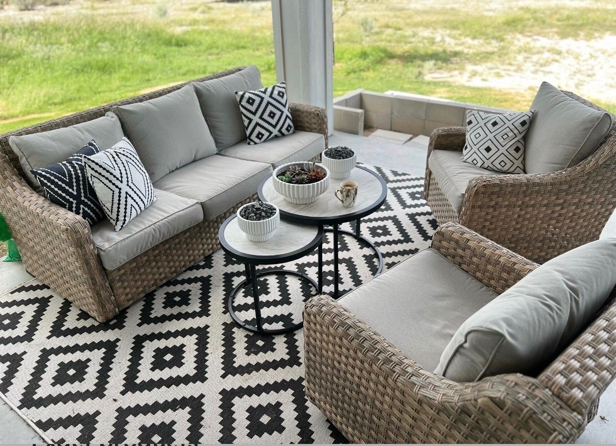 Modern Outdoor Patio Set 

#betterhomesandgarden #riveroaks #patioset #planter #vase #blackandwhiterug #outdoorrug #patiorug #patiotable #patiosof #poolside #deck #porch #outdoorliving #summer 

#LTKfamily #LTKhome 

#LTKselfcare #LTKHome #LTKMothersDay