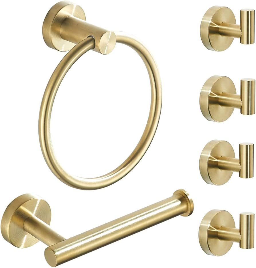 WEIKO Brushed Gold Bathroom Hardware Set, Gold Toilet Paper Holder Towel Ring and 4 Robe Hooks Ha... | Amazon (US)