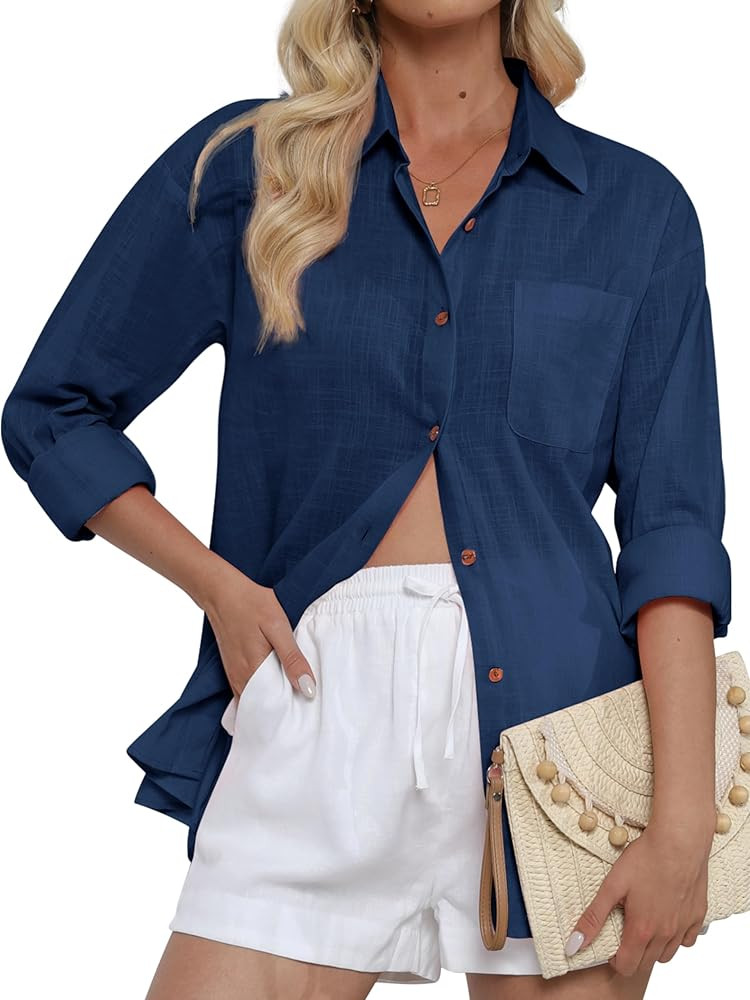 CUNLIN Women's Button Down Shirts Long Sleeve Cotton Summer Beach Wear for Women with Pocket | Amazon (US)