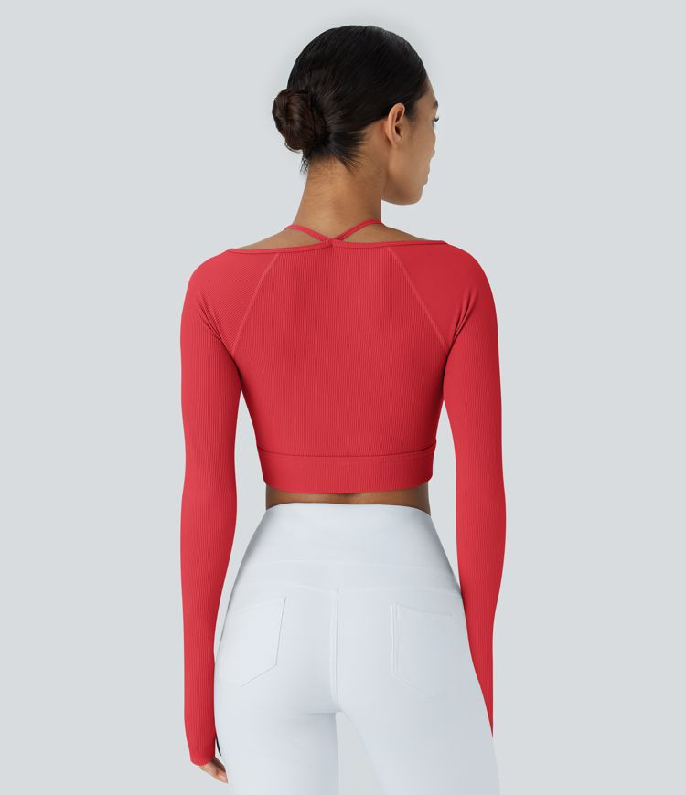 Women’s Ribbed Halter Strap Thumb Hole Cropped Yoga Sports Top - Halara | HALARA