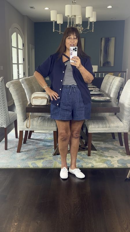 Jean shorts that fit every one!! So flattering on!! Styled with striped tank and cute cardigan!! 

#freeassembly
#shorts
#summeroutfit

#LTKfindsunder50 #LTKshoecrush #LTKitbag