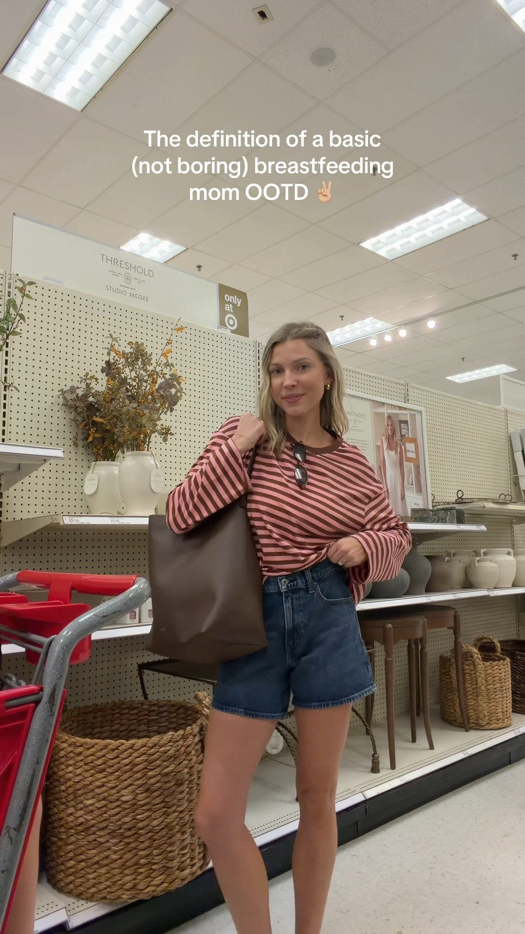 Easy early fall mom outfit! S in long sleeve and 26 in jean shorts! Also linked similar