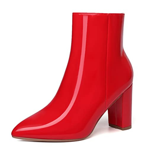 Jiu du Women's Ankle Boots Red Ankle Boots Sexy Pointed Toe Mid Calf Red Leather boots for women Size 8.5 | Amazon (US)