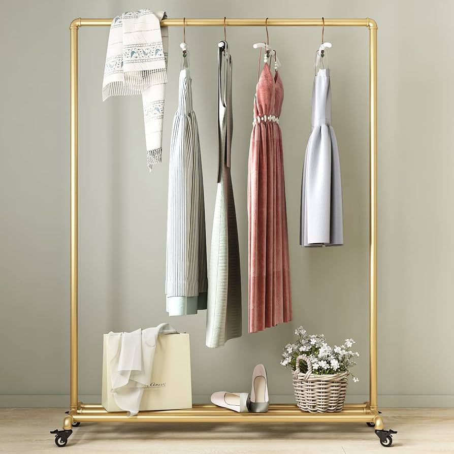 Industrial Gold Clothing Racks on Wheels, Boutique Display Gold Clothes Rack with Shelf, Rolling ... | Amazon (US)