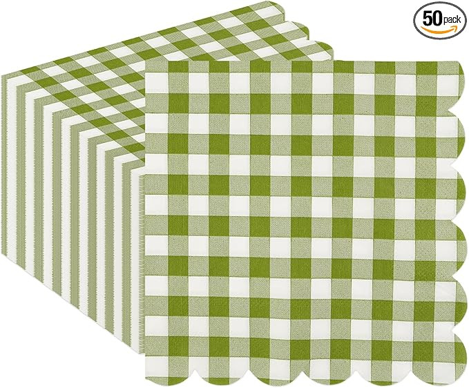 50PCS Sage Green Scalloped Gingham Paper Napkins - Sage Green and White Striped Luncheon Napkin, ... | Amazon (US)