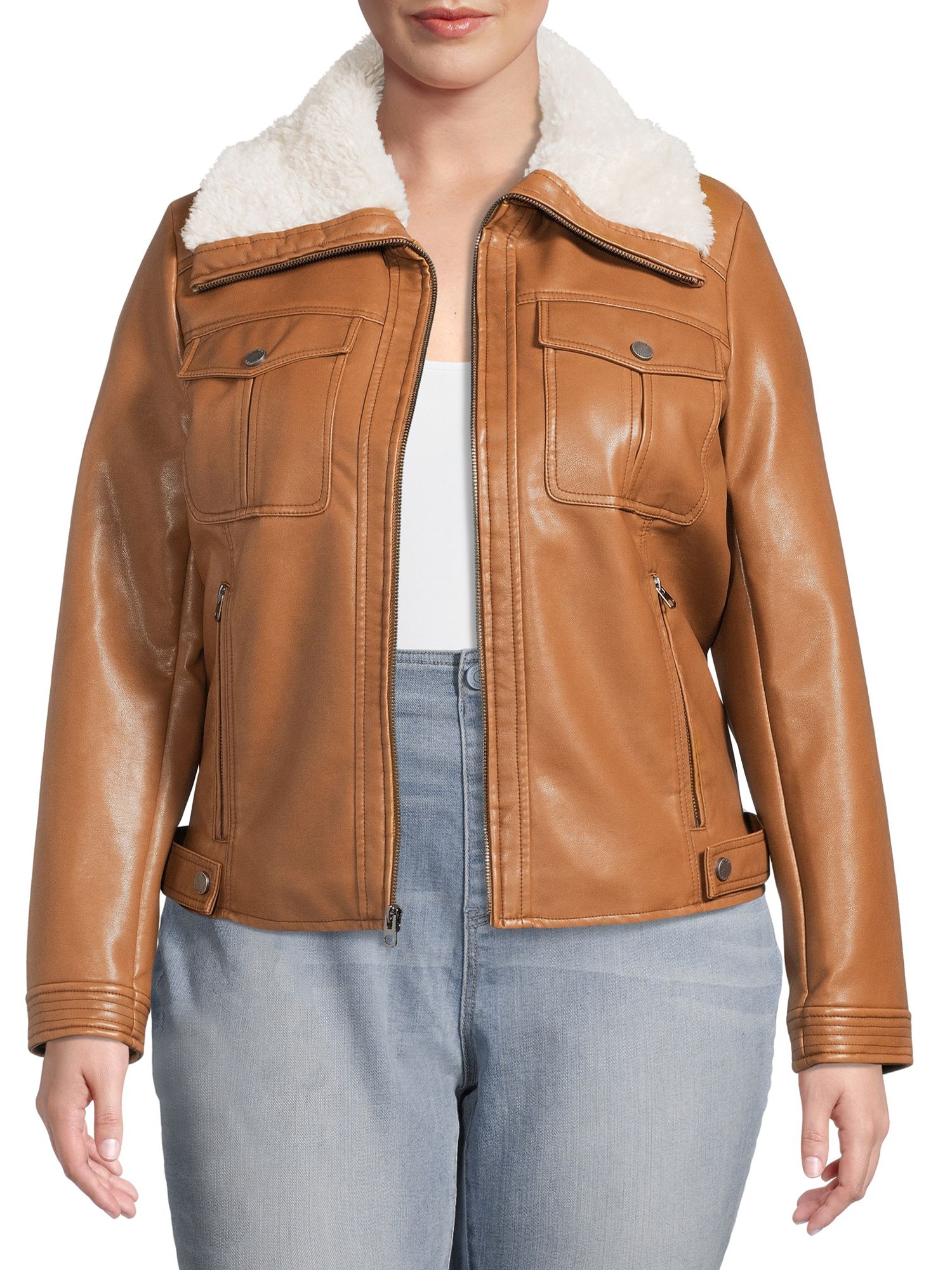 BCBG Paris Women's Plus Size Faux Leather Aviator Jacket - Walmart.com | Walmart (US)