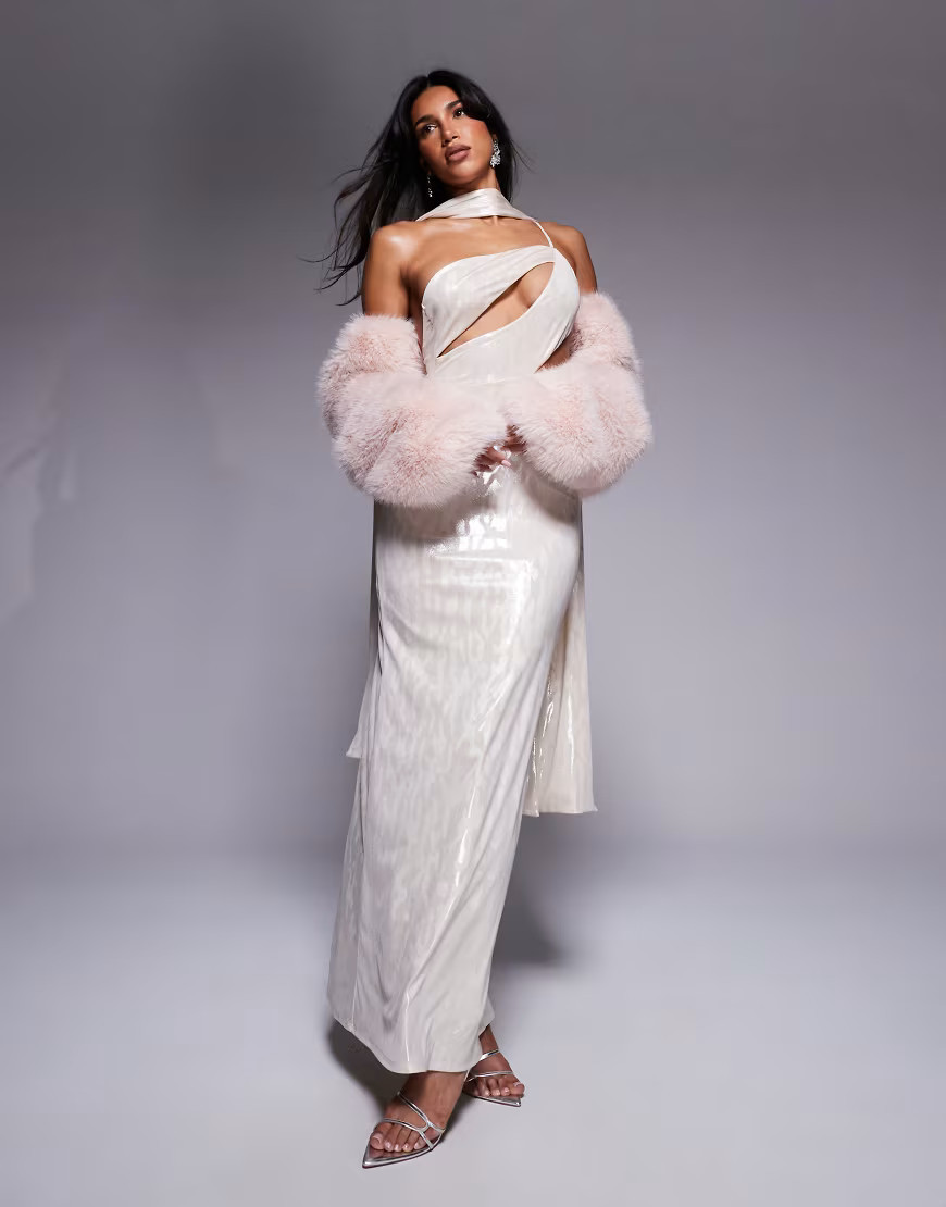 ASOS DESIGN – Asymmetrisches Maxikleid in Metallic-Gold mit Schlitzausschnitt mit gebundener Schärpe-Goldfarben | ASOS (Global)