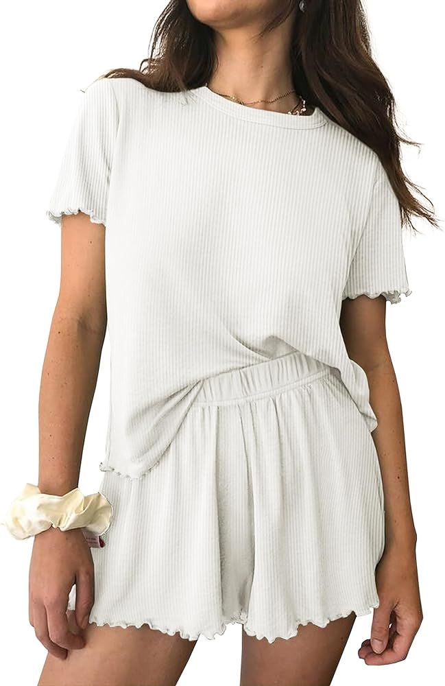 Ekouaer Womens Pajamas 2 Piece Ribbed Knit Pjs Short Sleeve Sleepwear Set Summer Soft Pajamas Set... | Amazon (US)