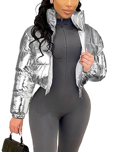 Flygo Women's Silver Puffer Jacket Metallic Shiny Cropped Quilted Puffy Jackets Zip Up Padded Down Coat Outerwear L | Amazon (US)