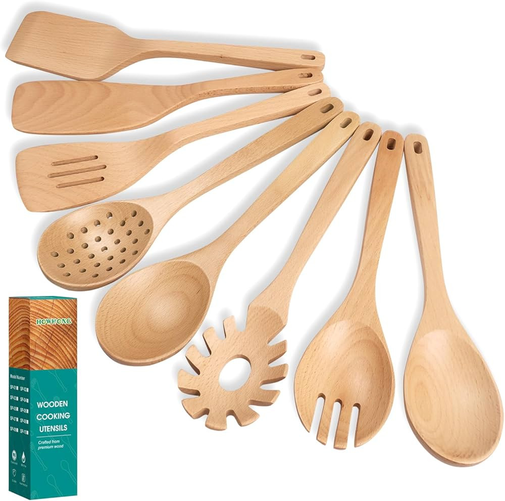 Wooden Spoons for Cooking, 8 Pcs Beech Wood Wooden Kitchen Cooking Spoon Utensil Tools Set Includ... | Amazon (US)