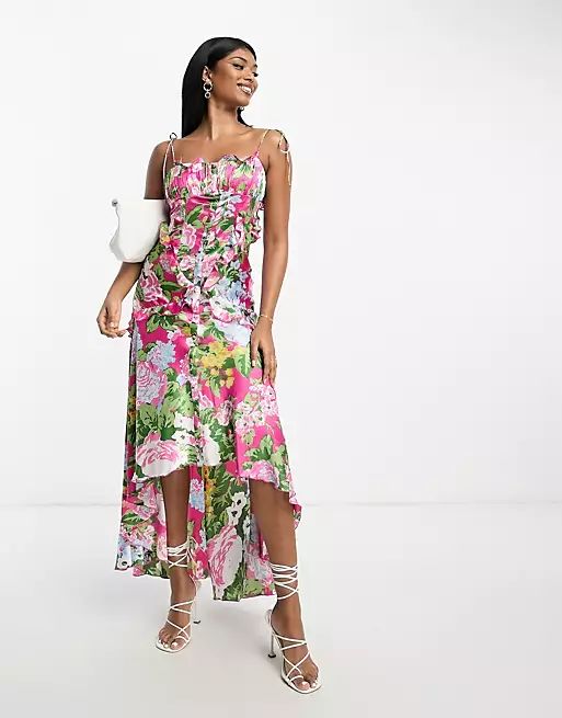 ASOS DESIGN satin ruched ruffle maxi dress with button detail in pink floral | ASOS (Global)