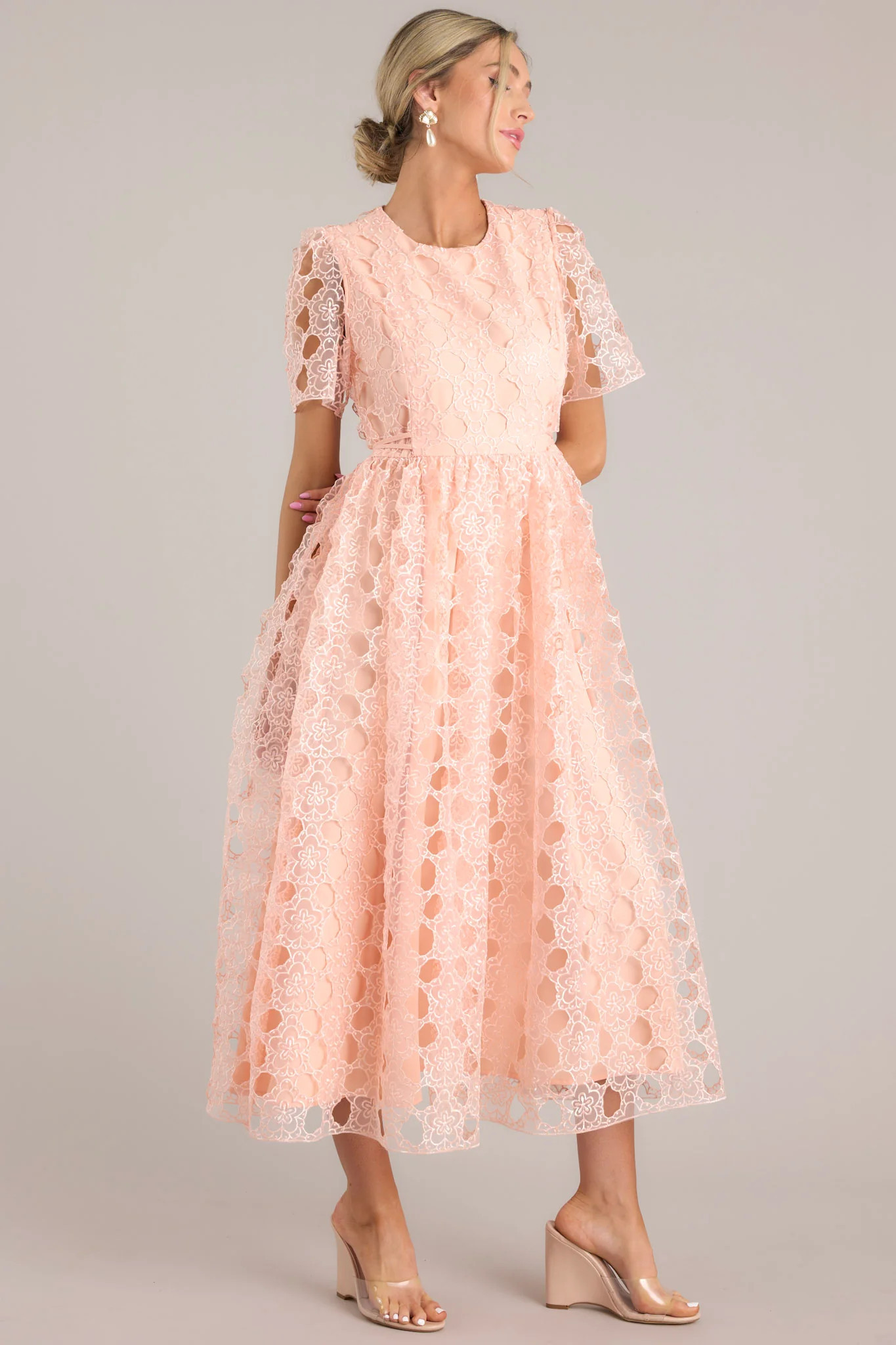 Life’s Pathways Peach Floral Embroidered Midi Dress | Red Dress