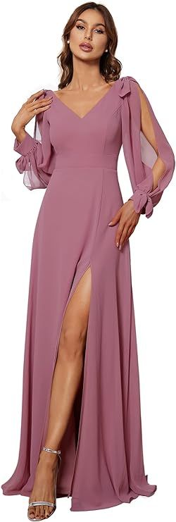 Ever-Pretty Women's V Neck Long Sleeve Elegant Chiffon A Line Side Slit Formal Dress 80116 | Amazon (US)