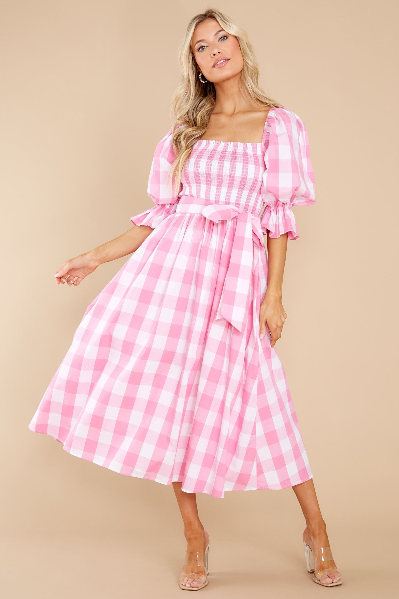 Dignity And Grace Pink Gingham Midi Dress | Red Dress 
