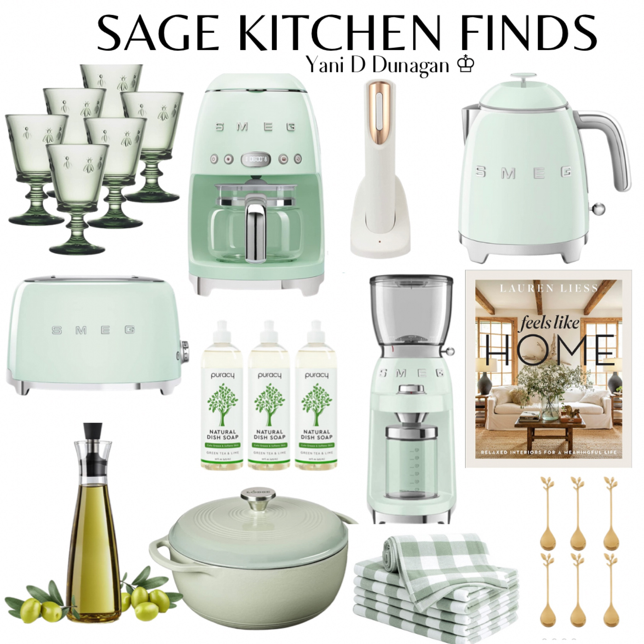 SAGE KITCHEN FINDS
Cuisinart Cast Iron Enameled Dutch Oven, 6 Qt, Smeg Toaster, Smeg Coffe Grinder, Smeg Kettle, Smeg Coffe Maker
Kitchen Towels, Electric Opener, Gold Teaspoon, Oil Dispenser, Decorative Book.
Amazon Home, Kitchen Essentials 


#LTKstyletip #LTKFind #LTKhome