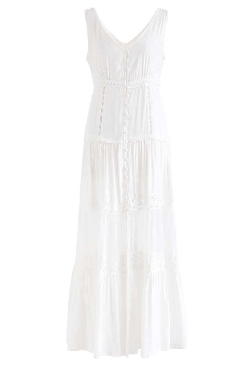Crochet Trims Panelled Button Down Sleeveless Maxi Dress in White | Chicwish