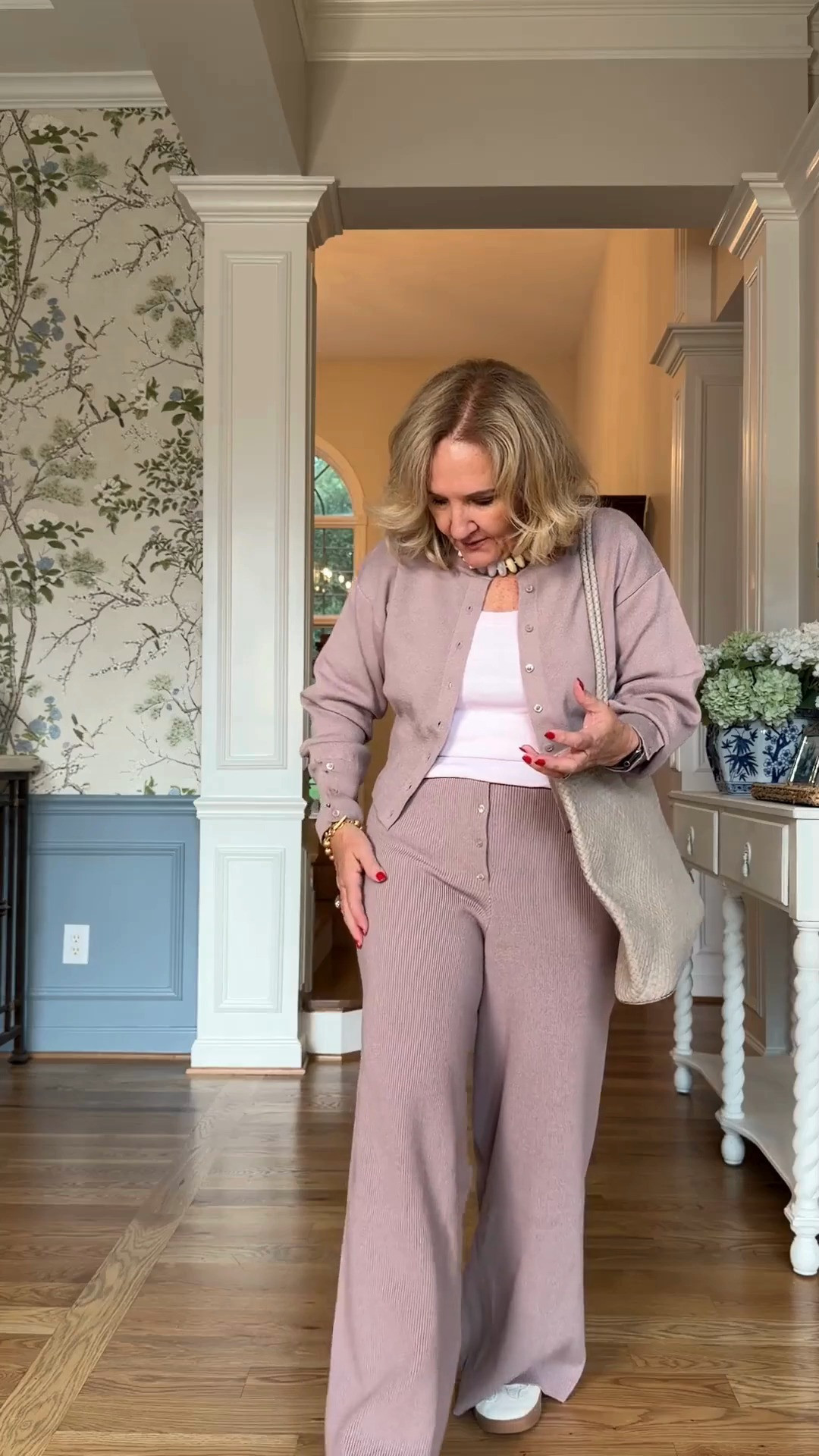 Tap the bell 🔔, heart ❤️ this post, and save for later! 
If you're looking for a travel outfit that feels comfortable but still looks put together, this matching knit set is one to save. The sweater and wide-leg pants are soft, relaxed, and easy to wear together or as separates. I wore the medium in the sweater and medium petite in the pants, they fit true to size with a relaxed feel. This is the kind of outfit you'll reach for on travel days, weekend errands, coffee dates, and cozy casual days. ✈️🤍 

 #LTKOver40 #LTKPetite #LTKTravel