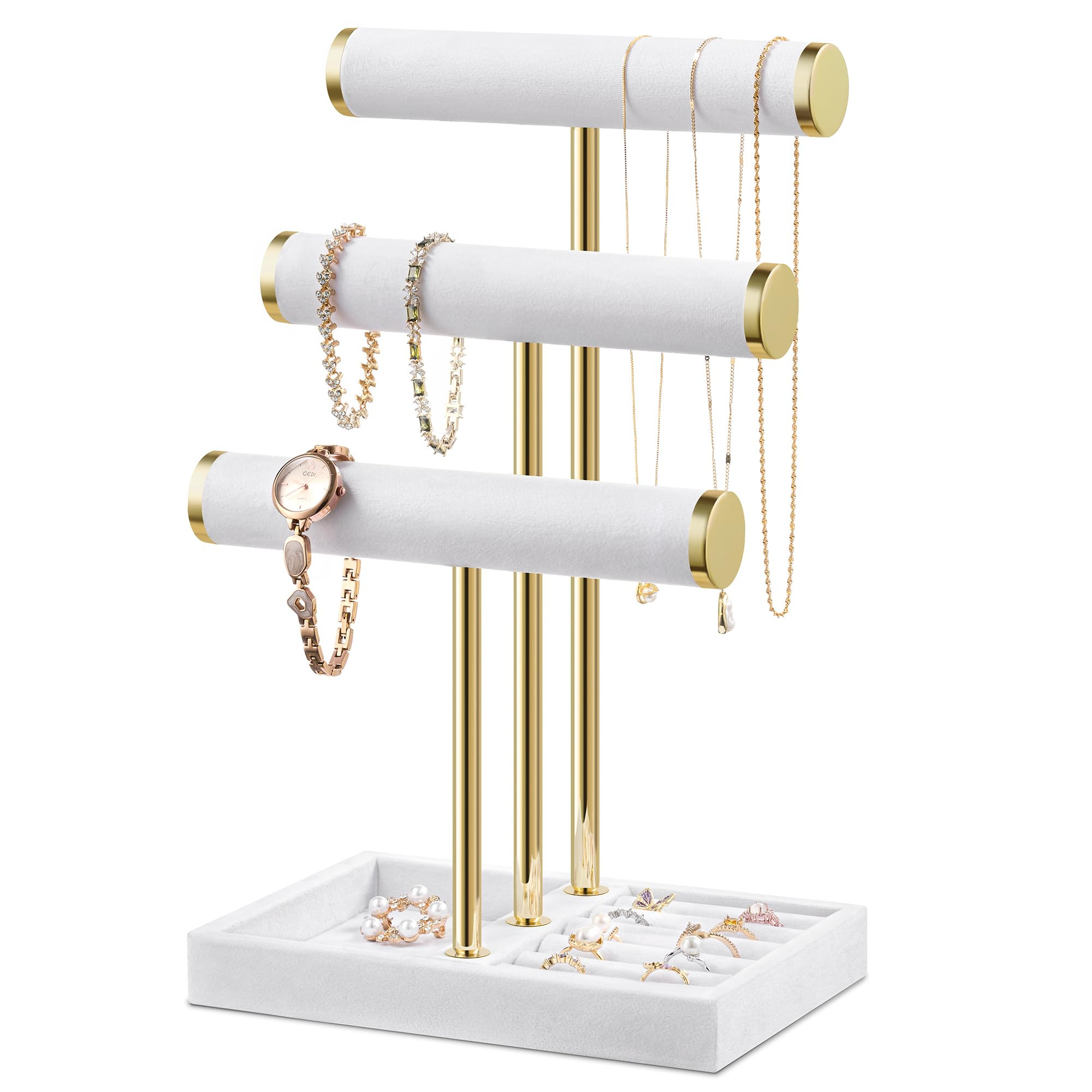Bracelet Holder Jewelry Organizer Display - 3 Tier T Bar Velvet Stand, White Jewelry Storage for ... | Amazon (US)