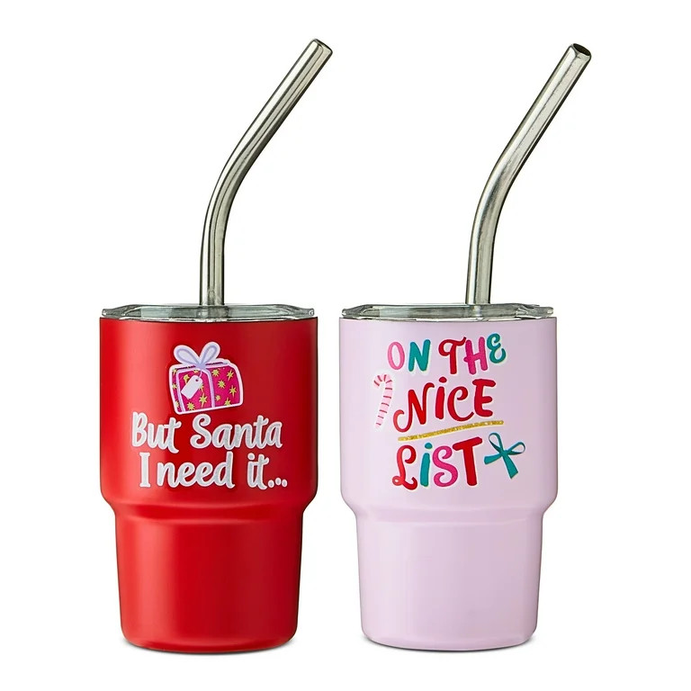 Stainless Steel Mini Christmas Tumbler Set, Red and Pink, 2.9 fl oz, 2 Count, by Holiday Time | Walmart (US)