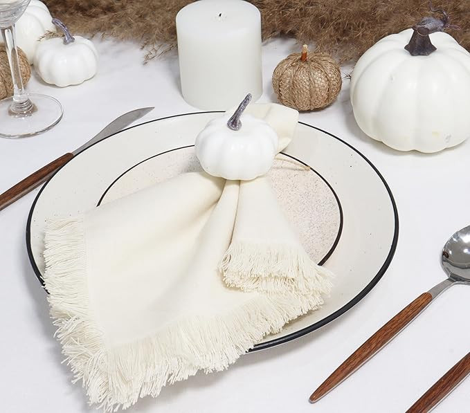 PurpleEssences Beige Cloth Napkins with Fringes, 100% Cotton Thanksgiving Fall Table Cloth Napkin... | Amazon (US)