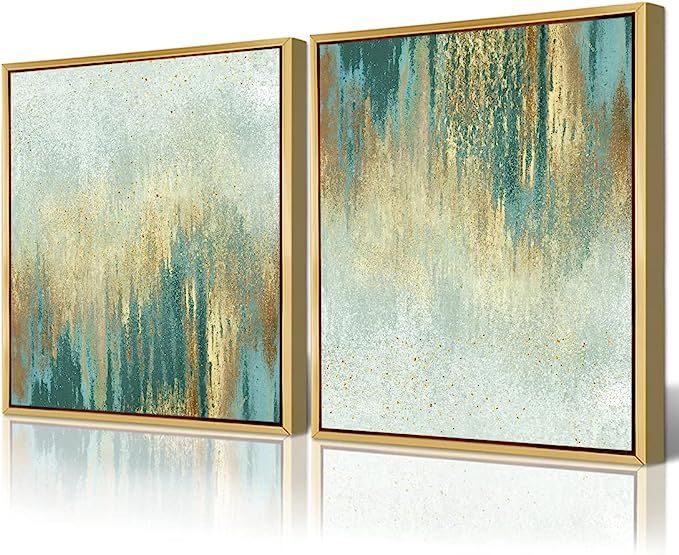 QTESPEII Abstract Glitter Wall Art Gold Frame Sage Green Paintings Artwork Vintage Linen Canvas P... | Amazon (US)