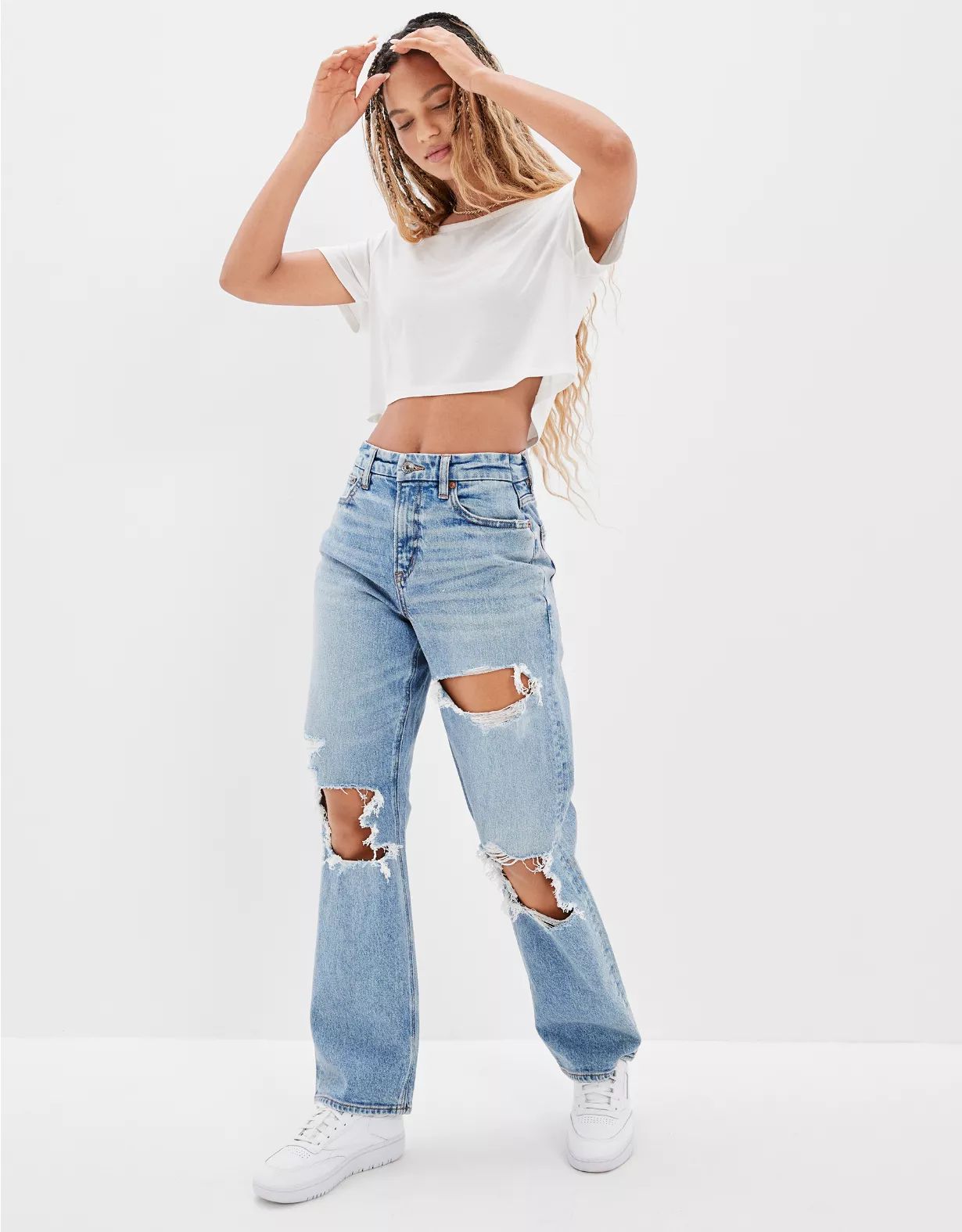 AE Stretch Ripped Curvy '90s Straight Jean | American Eagle Outfitters (US & CA)
