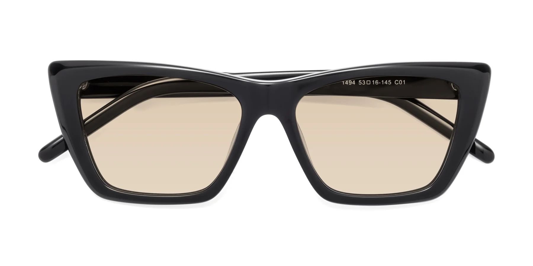 Black Narrow Retro-Vintage Cat-Eye Tinted Sunglasses with Light Brown Sunwear Lenses - 1494 | Yesglasses