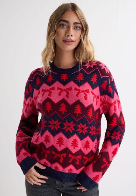 Womens Navy Bow Fairisle Christmas Jumper | Peacocks