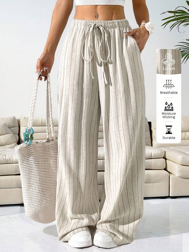 Plus Size Casual Linen Pants, Resort Vacation Style, Spring/Summer,Going Out Outfits,Vacation,Beach,Comfortable,Breathable,Casual,Back To School Striped Linen Pants Beach Pants Summer Pants Wide Leg Pants,Cute, Y2k, Vintage, Airport,Old Money,Teacher Outfits,Holiday Outfits For Women | SHEIN